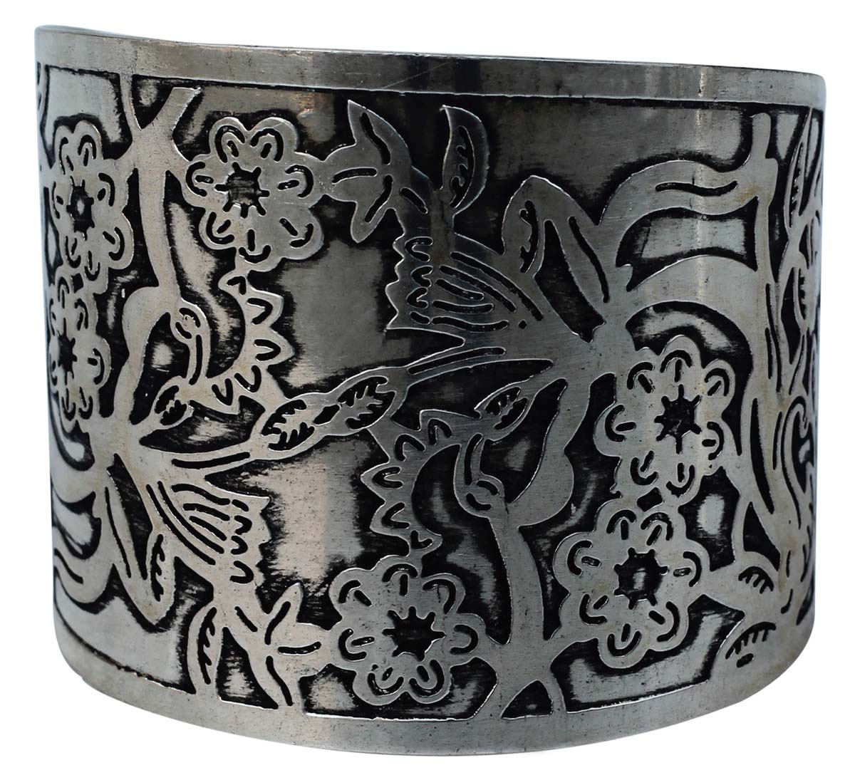 Wholesale Bracelets from India – Antique-Look Cuff Bracelet – Cast in Brass – Nickel Plated & Black Shading – Floral & Leafy Motifs – Bracelets in Bulk